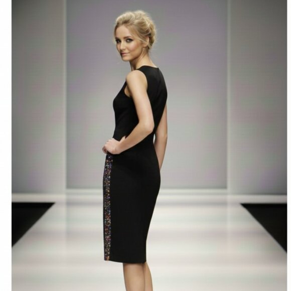 NWT Calvin Klein Black Embellished Sheath Cocktail Dress w/ Slit Size 4 - Picture 4 of 16